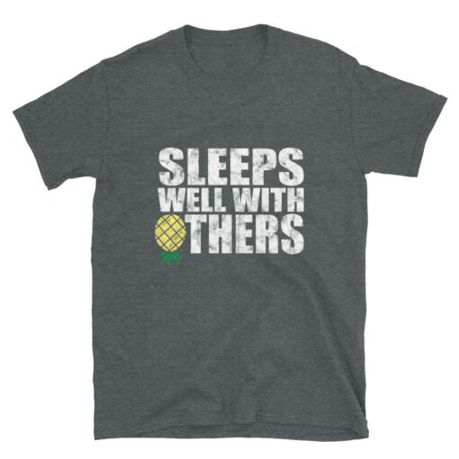 Funny men’s ‘Sleeps Well With Others’ T-shirt for swingers and dragons