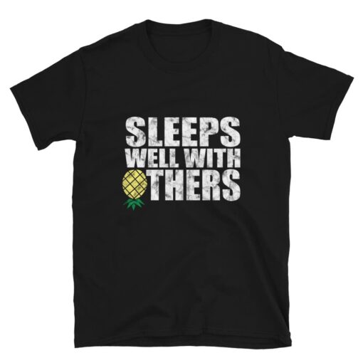 Funny men’s ‘Sleeps Well With Others’ T-shirt for swingers and dragons