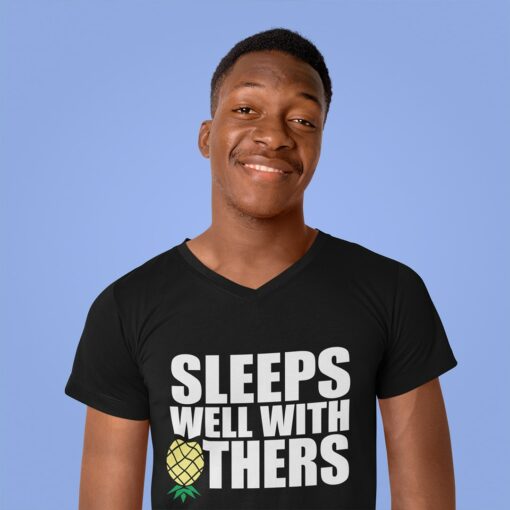 Funny men’s ‘Sleeps Well With Others’ T-shirt for swingers and dragons