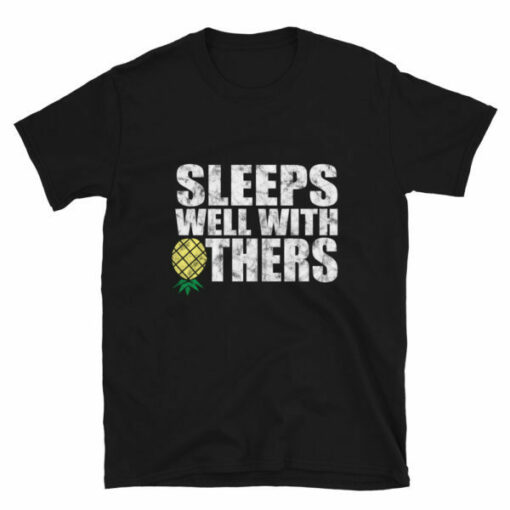 Funny men’s ‘Sleeps Well With Others’ T-shirt for swingers and dragons