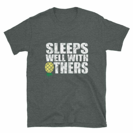 Funny men’s ‘Sleeps Well With Others’ T-shirt for swingers and dragons