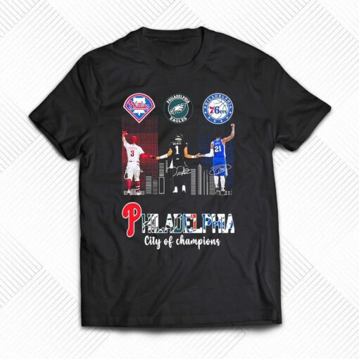 Bryce Harper Jalen Hurts And Joel Embiid Philadelphia City Of Champions 2023 Signatures Shirt