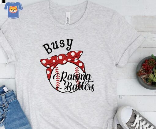 Busy Raising Ballers Baseball Mom T-shirt Mom Bun Bow