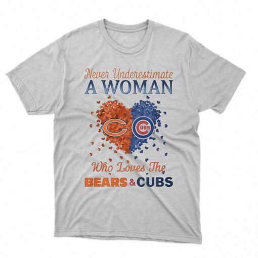 Hearts Never Underestimate A Woman Who Loves The Chicago Bears And Chicago Cubs Shirt