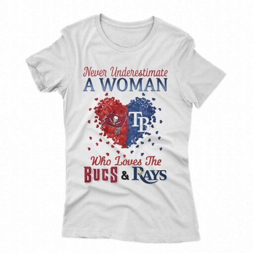 Hearts Never Underestimate A Woman Who Loves The Tampa Bay Buccaneers And Tampa Bay Rays Shirt