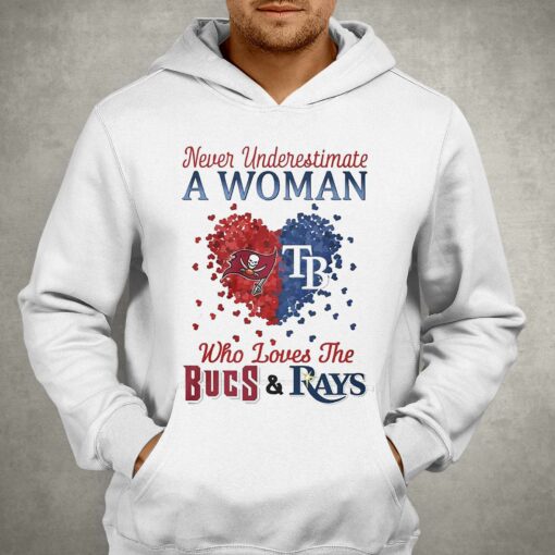 Hearts Never Underestimate A Woman Who Loves The Tampa Bay Buccaneers And Tampa Bay Rays Shirt