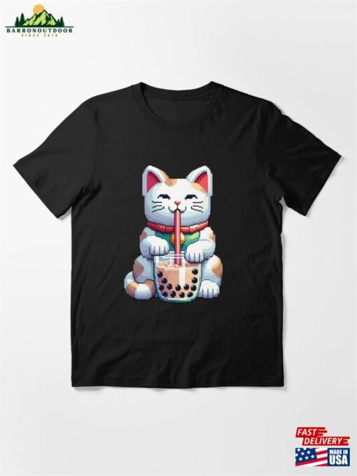 8 Bit Pixelated Maneki Neko Cat Boba Tea Essential T-Shirt Unisex