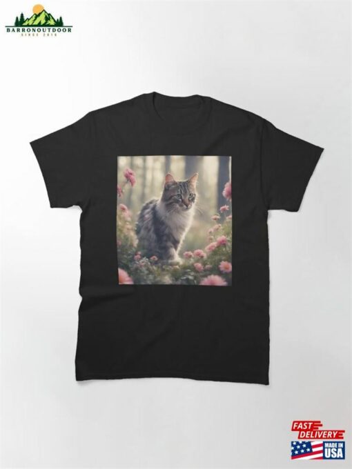 A Cute Cat Walking Between Flowers Classic T-Shirt Hoodie