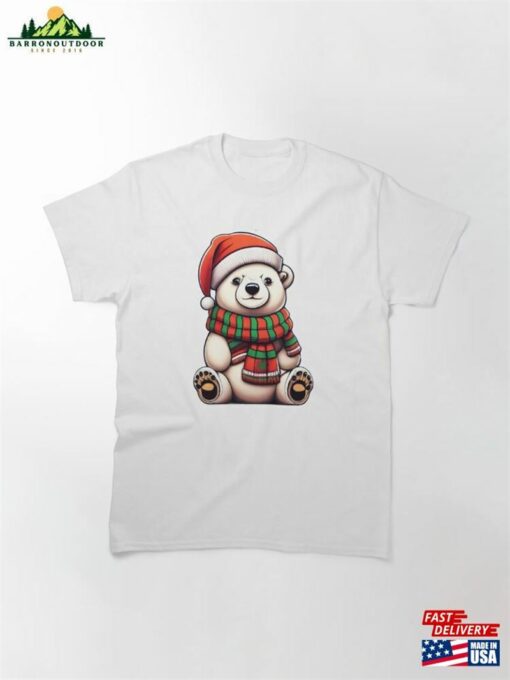 A Cute Polar Bear Wearing Santa Hat And Scarf Classic T-Shirt Unisex