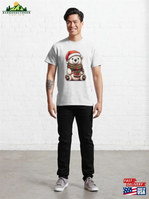 A Cute Polar Bear Wearing Santa Hat And Scarf Classic T-Shirt Unisex