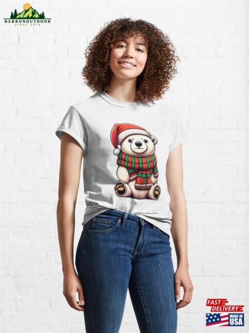 A Cute Polar Bear Wearing Santa Hat And Scarf Classic T-Shirt Unisex