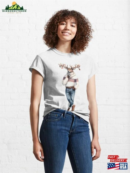 A Reindeer In Cozy Sweater And Jeans Watercolor Classic T-Shirt Sweatshirt