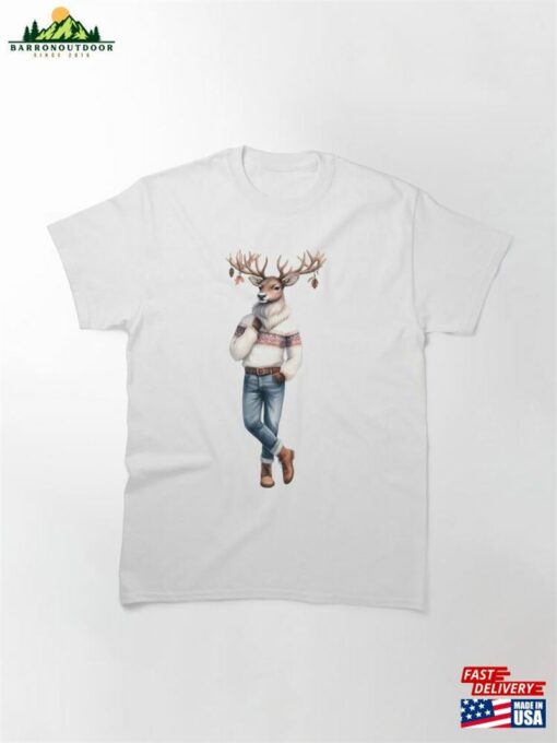 A Reindeer In Cozy Sweater And Jeans Watercolor Classic T-Shirt Sweatshirt