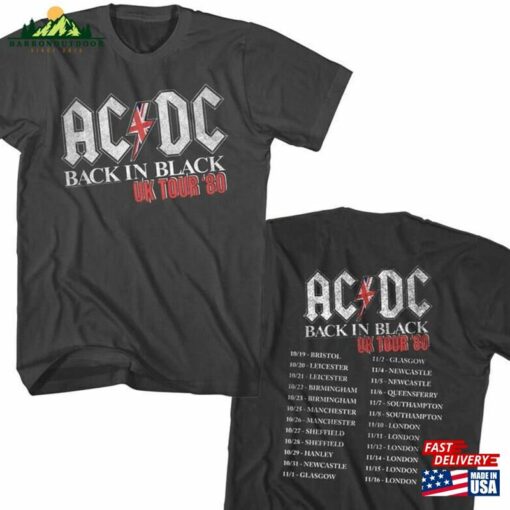 Ac Dc Back In Black T-Shirt Uk Tour 1980 Music Vintage Graphic Tees Classic