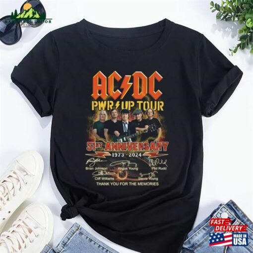 Acdc Band 51 Years Signatures T-Shirt Shirt Rock Pwr Up 2024 Tour Unisex