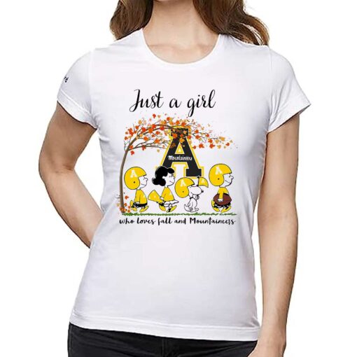 Just A Woman Who Loves Fall And Appalachian State Mountaineers Peanuts Cartoon T-shirt