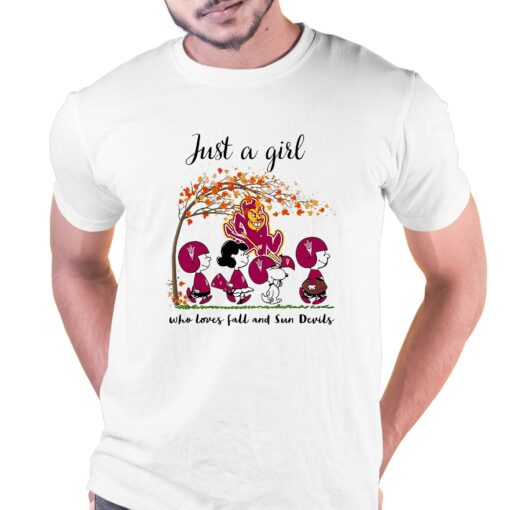 Just A Woman Who Loves Fall And Arizona State Sun Devils Peanuts Cartoon T-shirt