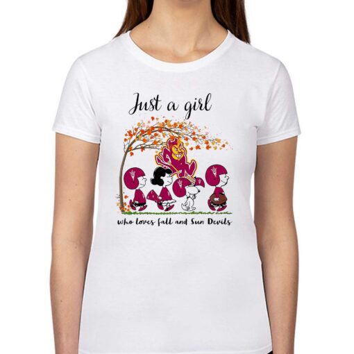 Just A Woman Who Loves Fall And Arizona State Sun Devils Peanuts Cartoon T-shirt