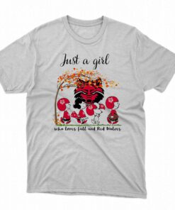 Just A Woman Who Loves Fall And Arkansas State Red Wolves Peanuts Cartoon T-shirt