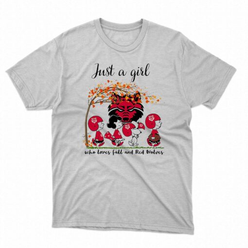 Just A Woman Who Loves Fall And Arkansas State Red Wolves Peanuts Cartoon T-shirt