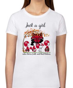 Just A Woman Who Loves Fall And Arkansas State Red Wolves Peanuts Cartoon T-shirt