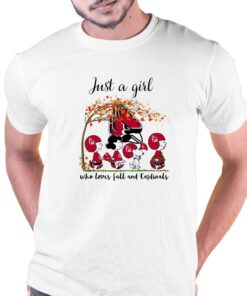 Just A Woman Who Loves Fall And Ball State Cardinals Peanuts Cartoon T-shirt