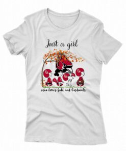 Just A Woman Who Loves Fall And Ball State Cardinals Peanuts Cartoon T-shirt