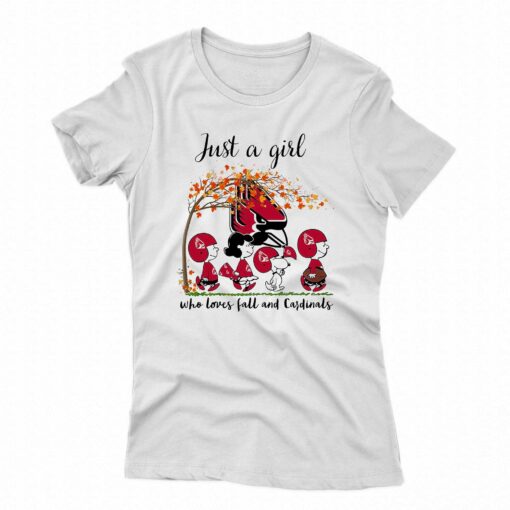 Just A Woman Who Loves Fall And Ball State Cardinals Peanuts Cartoon T-shirt