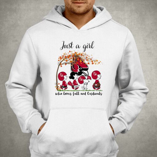 Just A Woman Who Loves Fall And Ball State Cardinals Peanuts Cartoon T-shirt