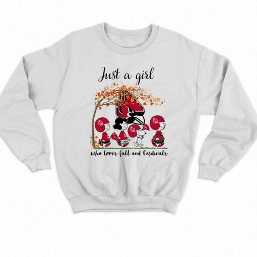 Just A Woman Who Loves Fall And Ball State Cardinals Peanuts Cartoon T-shirt