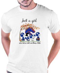 Just A Woman Who Loves Fall And Boise State Broncoss Peanuts Cartoon T-shirt