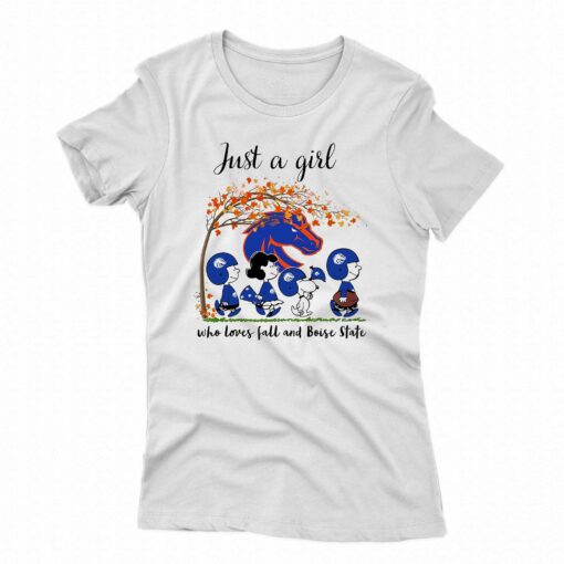 Just A Woman Who Loves Fall And Boise State Broncoss Peanuts Cartoon T-shirt