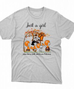 Just A Woman Who Loves Fall And Bowling Green Falcons Peanuts Cartoon T-shirt