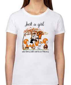 Just A Woman Who Loves Fall And Bowling Green Falcons Peanuts Cartoon T-shirt