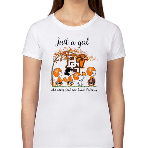 Just A Woman Who Loves Fall And Bowling Green Falcons Peanuts Cartoon T-shirt