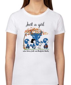 Just A Woman Who Loves Fall And Buffalo Bulls Peanuts Cartoon T-shirt