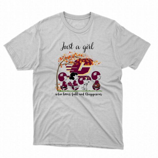 Just A Woman Who Loves Fall And Central Michigan Chippewas Peanuts Cartoon T-shirt