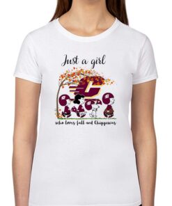 Just A Woman Who Loves Fall And Central Michigan Chippewas Peanuts Cartoon T-shirt