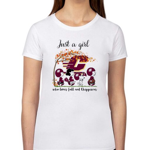 Just A Woman Who Loves Fall And Central Michigan Chippewas Peanuts Cartoon T-shirt