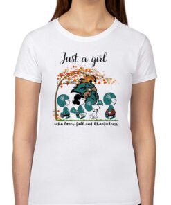 Just A Woman Who Loves Fall And Coastal Carolina Chanticleers Peanuts Cartoon T-shirt