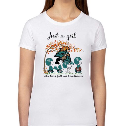 Just A Woman Who Loves Fall And Coastal Carolina Chanticleers Peanuts Cartoon T-shirt