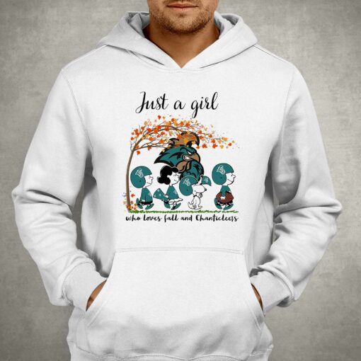 Just A Woman Who Loves Fall And Coastal Carolina Chanticleers Peanuts Cartoon T-shirt