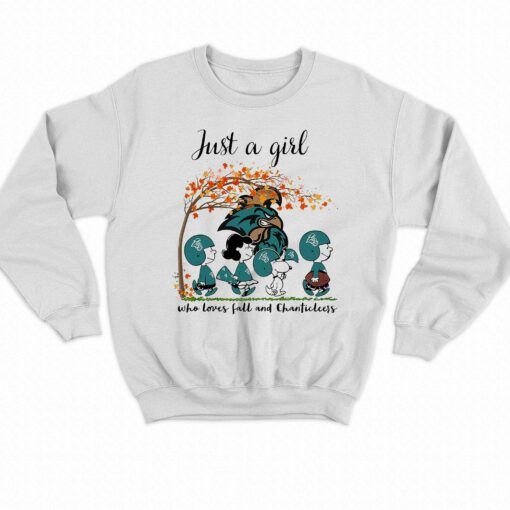 Just A Woman Who Loves Fall And Coastal Carolina Chanticleers Peanuts Cartoon T-shirt