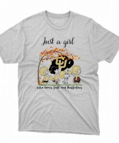 Just A Woman Who Loves Fall And Colorado Buffaloes Peanuts Cartoon T-shirt