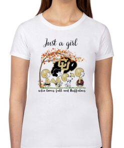 Just A Woman Who Loves Fall And Colorado Buffaloes Peanuts Cartoon T-shirt