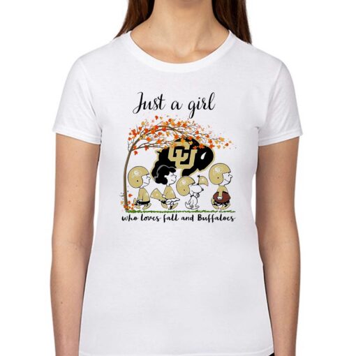 Just A Woman Who Loves Fall And Colorado Buffaloes Peanuts Cartoon T-shirt