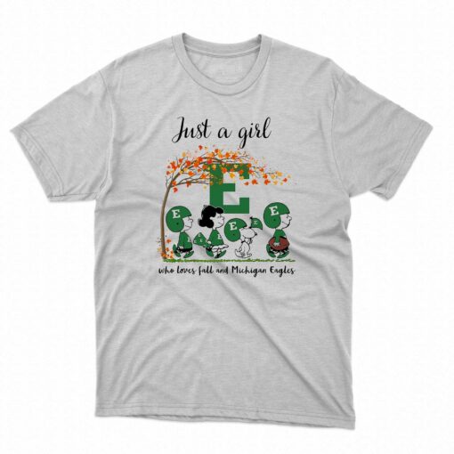 Just A Woman Who Loves Fall And Eastern Michigan Eagles Peanuts Cartoon T-shirt