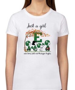 Just A Woman Who Loves Fall And Eastern Michigan Eagles Peanuts Cartoon T-shirt