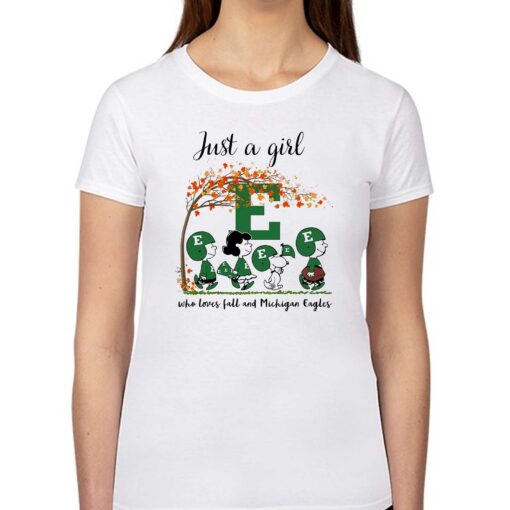 Just A Woman Who Loves Fall And Eastern Michigan Eagles Peanuts Cartoon T-shirt