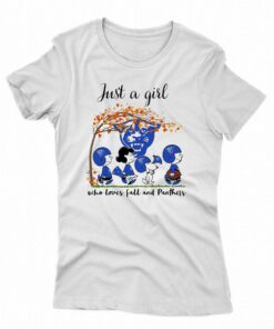 Just A Woman Who Loves Fall And Georgia State Panthers Peanuts Cartoon T-shirt